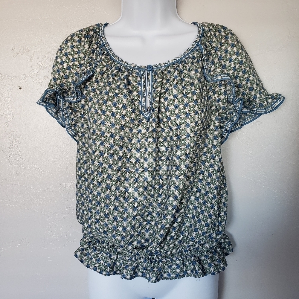 Max Studio Women's Small Short Sleeve Blouse Keyhole Blue White Green Yellow Top
